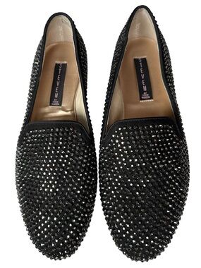 Steve Madden Black Rhinestone Studded Loafers Size 8M Slip On Flats